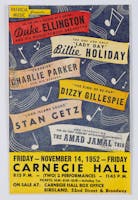 Flyer for a star-studded Carnegie Hall concert: Duke Ellington, Billie Holiday, Charlie Parker, Dizzy Gillespie, Stan Getz, and The Amad Jamal Trio