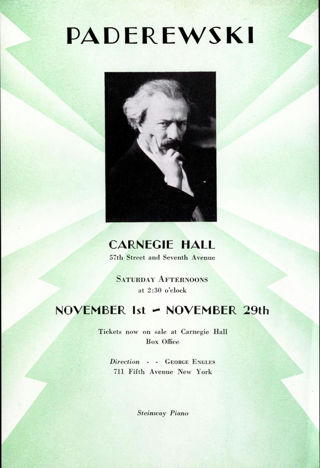 Flyer for Carnegie Hall performances by pianist Ignacy Jan Paderewski, November 1930
