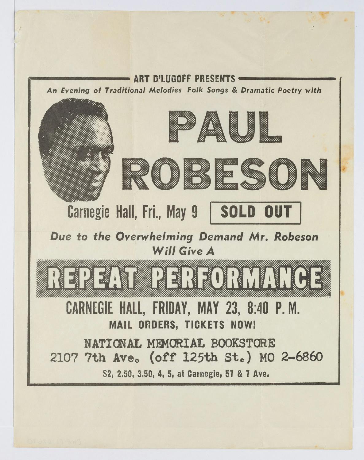 Ad for Paul Robeson’s Carnegie Hall repeat performance, 1958