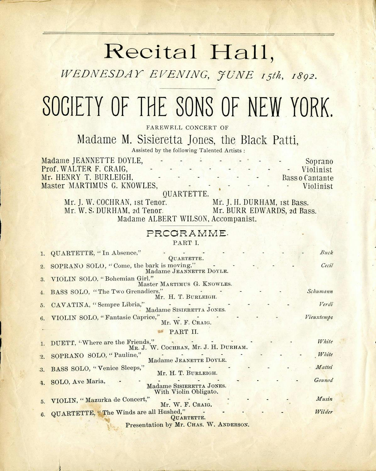 Sissieretta Jones recital program, 1892