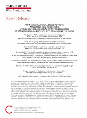 2019-2020 Weill Music Institute Programs press release