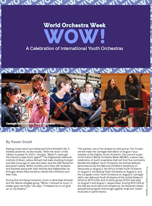 "WOW" playbill with images of teen musicians playing violin, keyboard, guitar, and bass