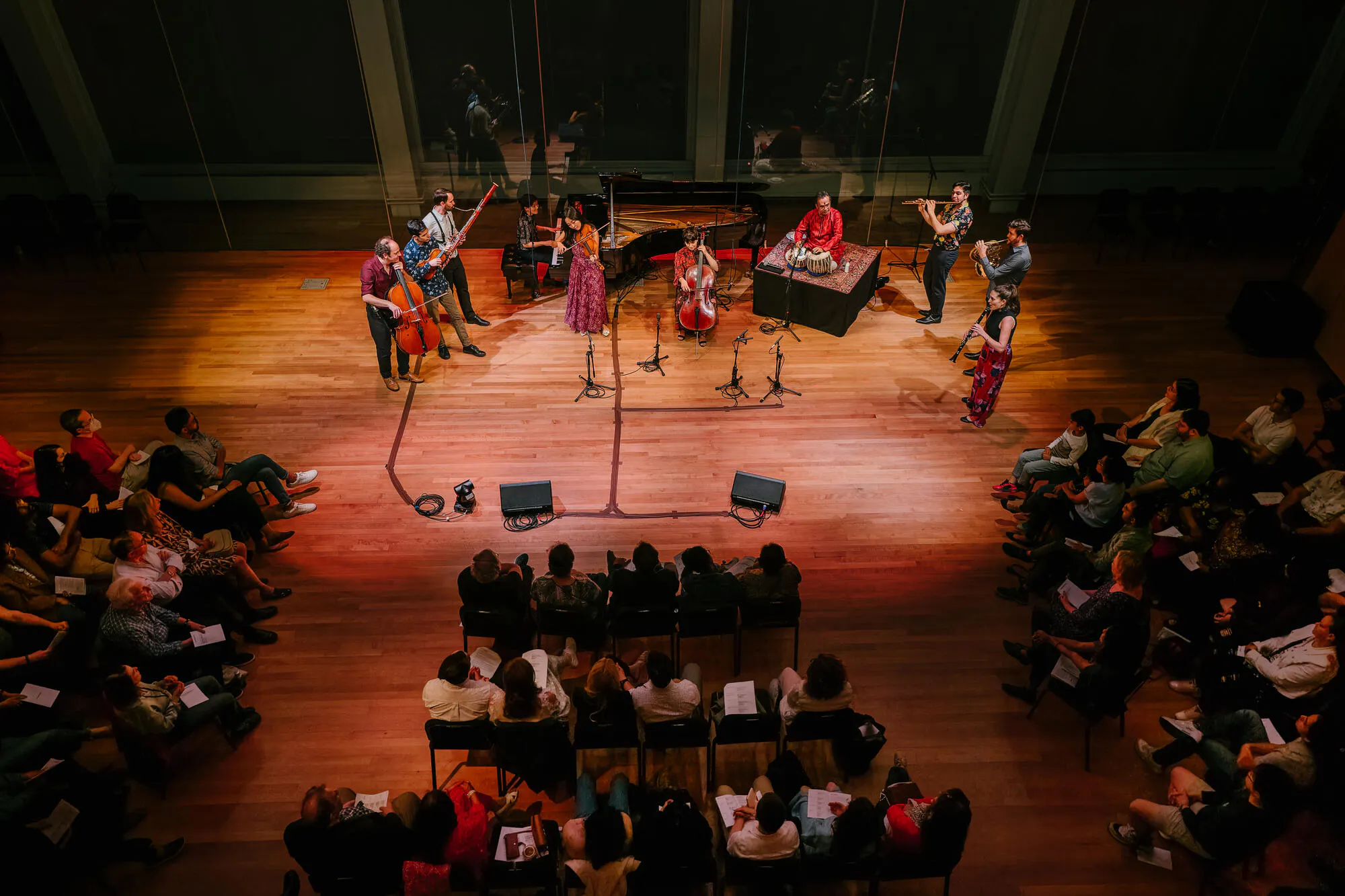 An aerial view of Zankel Hall Center Stage with audience