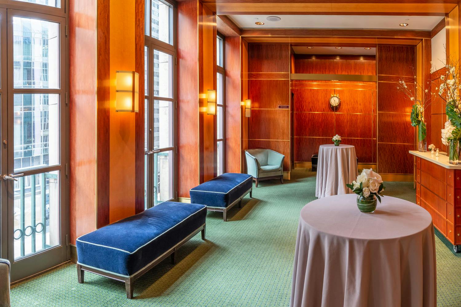 Floor-to-ceiling windows in the Jacobs Room, offering abundant daylight and views of 57th Street