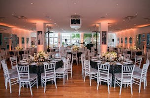 Black, silver, and sparkles dress the Weill Terrace Room for an anniversary dinner celebration
