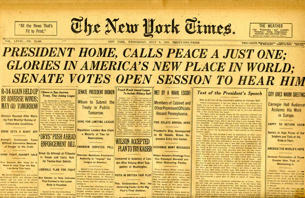 New York Times front page about President Woodrow Wilson and the Treaty of Versailles.