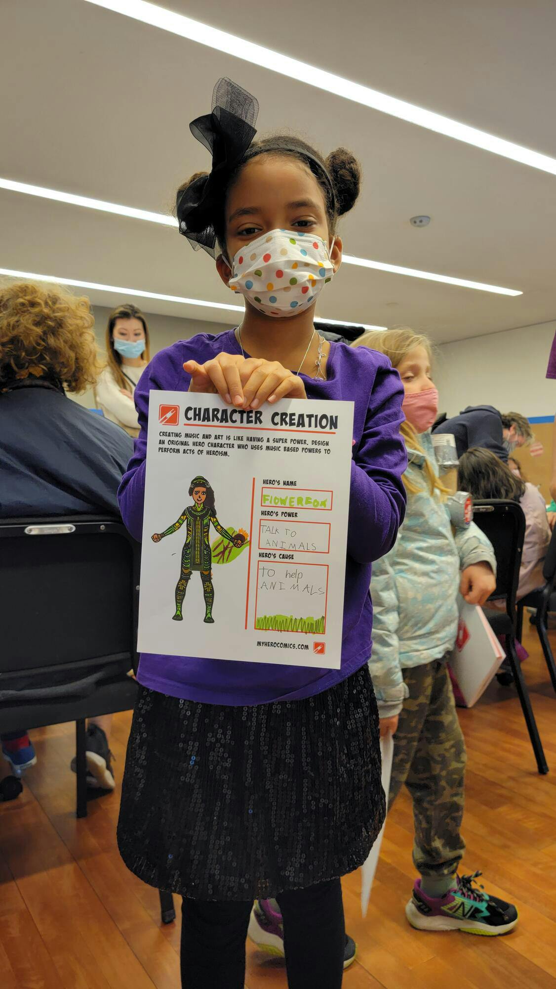 A masked girl in a purple shirt holds up a paper titled "Character Creation"