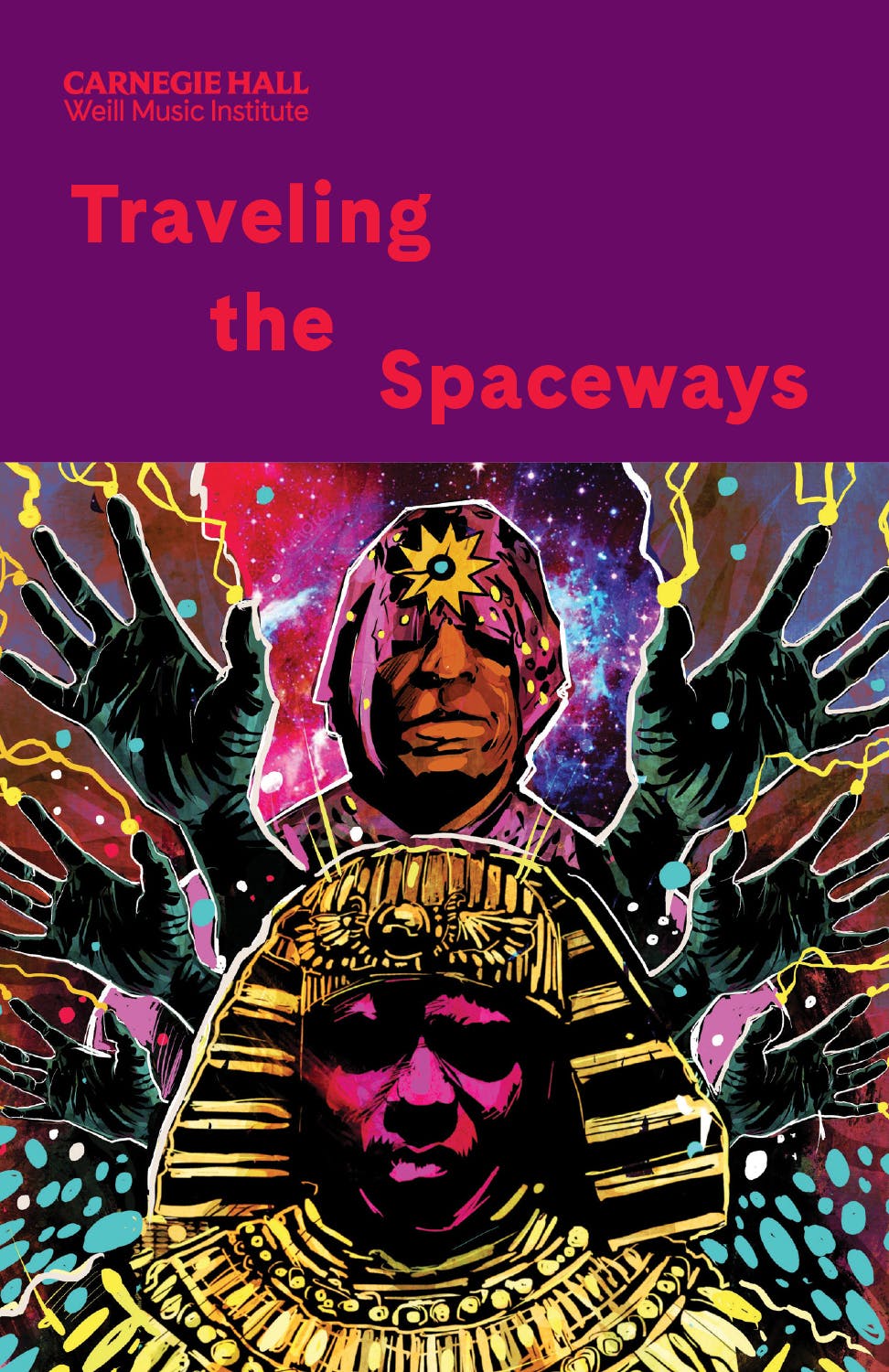 A man with a star on his forehead hovers over a pharaoh figure, black hands surrounding them