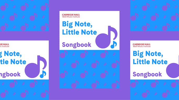 "Big Note, Little Note Songbook" with blue and purple illustrations of eighth notes