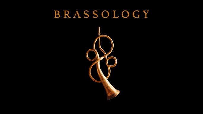"Brassology" over image of a twisted golden trumpet against a black background