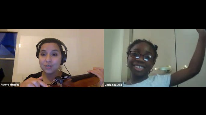 A split screen on Zoom—a woman wearing headphones demonstrates on violin, a young girl smiles