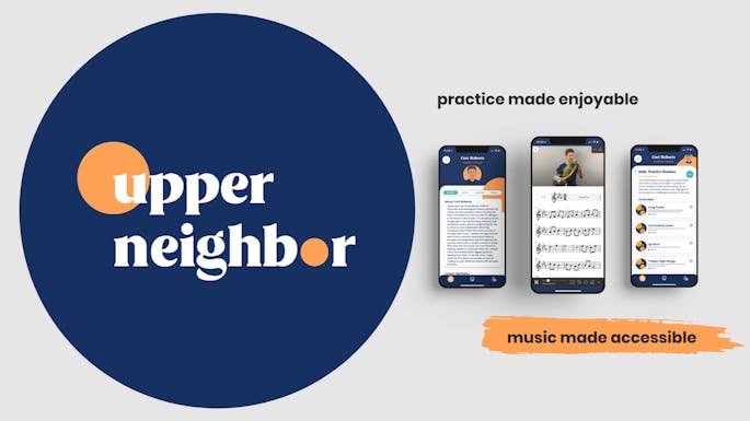 A circular logo for Upper Neighbor with phones showing examples of the app.
