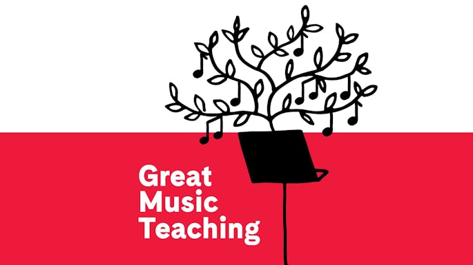"Great Music Teaching" with a music stand sprouting a tree with musical notes