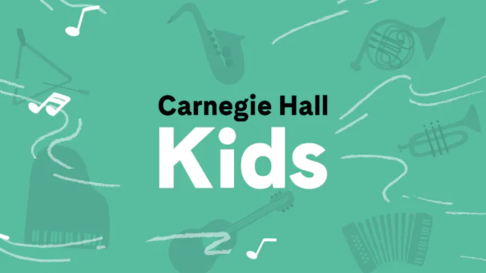 "Carnegie Hall Kids" over a blue background with illustrations of music notes and instruments