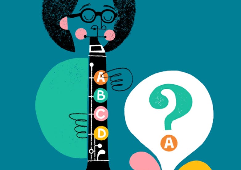 An illustrated child plays the clarinet.