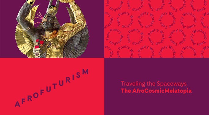 "Afrofuturism: Traveling the Spaceways, The AfroCosmicMelatopia" depicting a Black man wearing gold wings