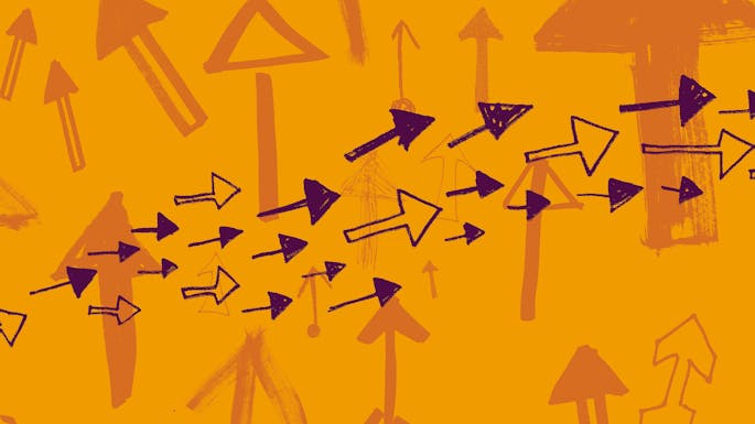 Illustrations of purple arrows fly across an orange background with arrows