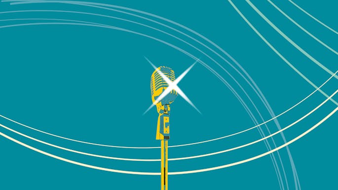 An illustration of a microphone on a stand against a blue background