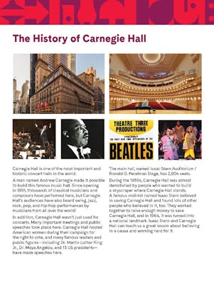 "The History of Carnegie Hall" student activity depicting images of Carnegie Hall, Dr. Martin Luther King Jr., and performers at Carnegie Hall