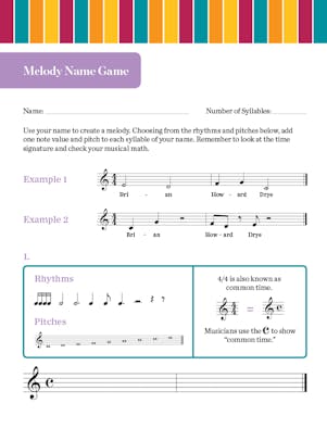 Melody Name Game student activity depicting music notation