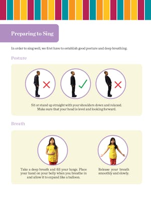 Preparing to Sing student activity depicting a boy and girl practicing posture and breathing