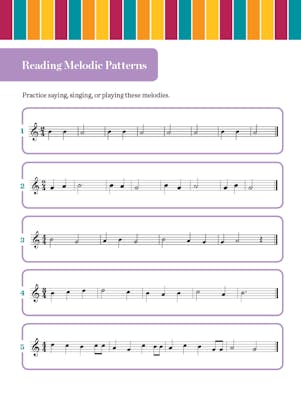 Reading Melodic Patterns student activity depicting music notation
