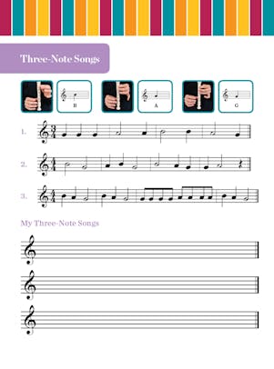 Three-Note Songs student activity depicting music notation and three treble clef staffs