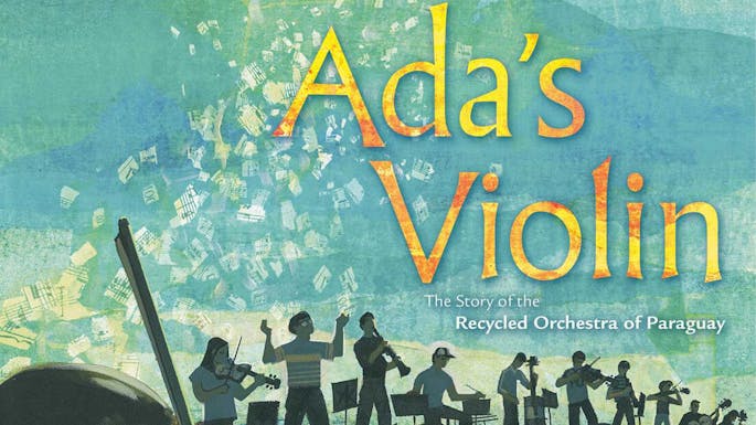 Collage illustration of a large group of people playing instruments amongst floating pieces of sheet music