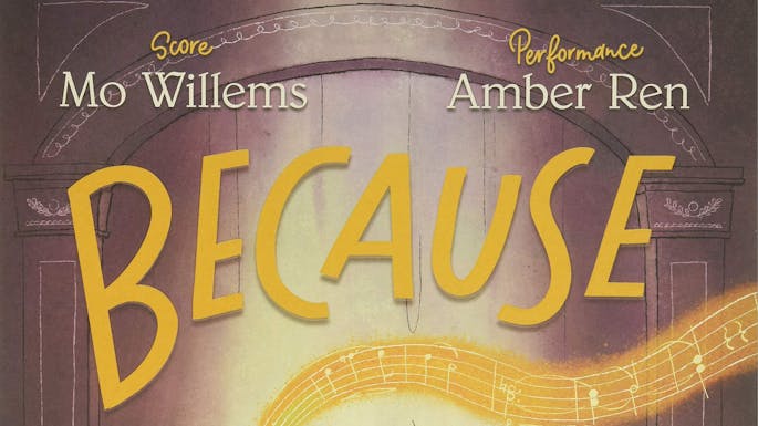 Linear illustration of a concert hall stage and flowing music notation