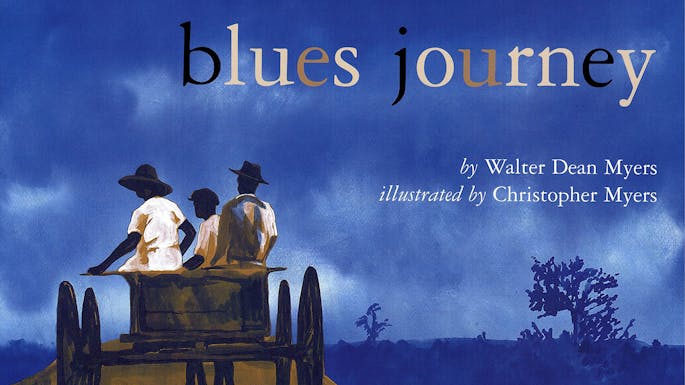 Painterly illustration of three figures riding a wagon into a blue landscape