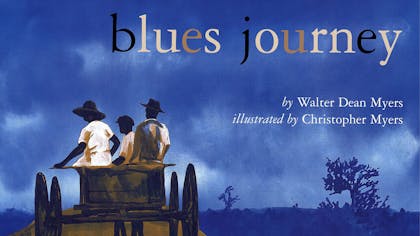 Painterly illustration of three figures riding a wagon into a blue landscape