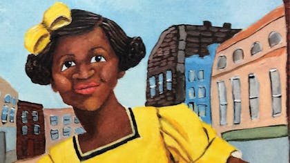 Painterly illustration of a girl wearing a yellow bow and dress, with buildings behind her