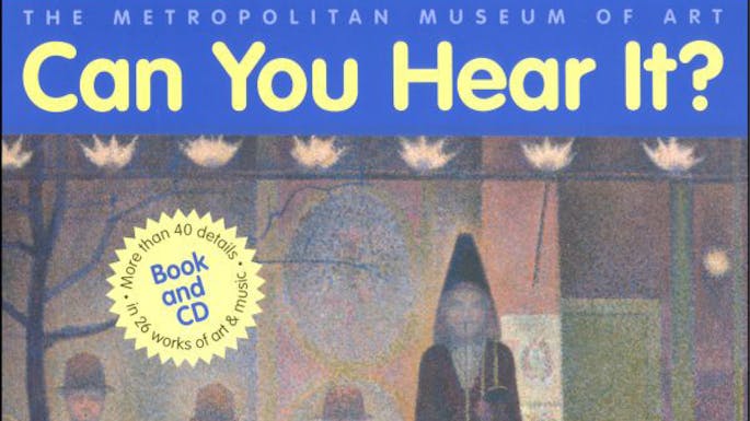 Close-up of a painting which depicts people playing instruments