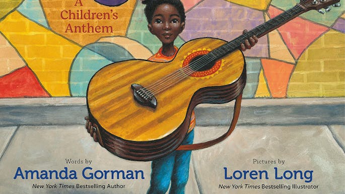 Illustration of a girl standing on the sidewalk and holding up a large acoustic guitar