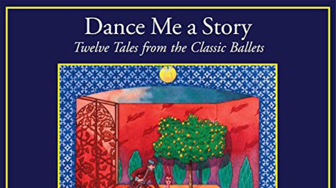 Watercolor illustration of an ornate stage set with two dancers and a fruit tree