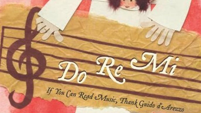 Collage illustration of a person reaching out to a treble clef and music staff