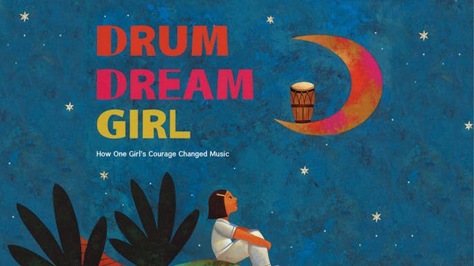 Illustration of a seated girl looking up at a crescent moon and drum