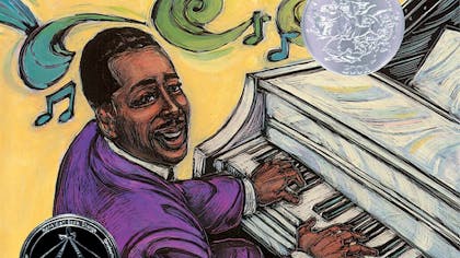 Illustration of a man in a purple coat looking backwards and playing the piano