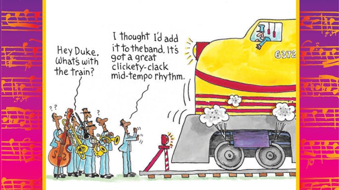 Comic illustration of band members and a composer standing in front of a large train