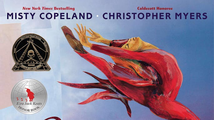 Painterly illustration of a dancer in a red costume leaping, her arms outstretched behind her