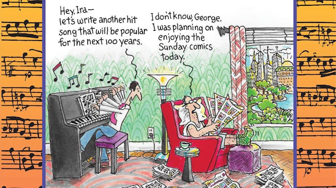 Comic illustration of a composer rapidly playing the piano, talking to a person who is seated and reading a newspaper