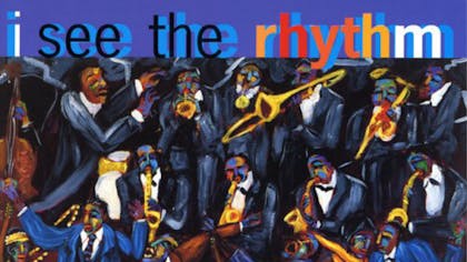 Painterly illustration of a large group of musicians playing their instruments