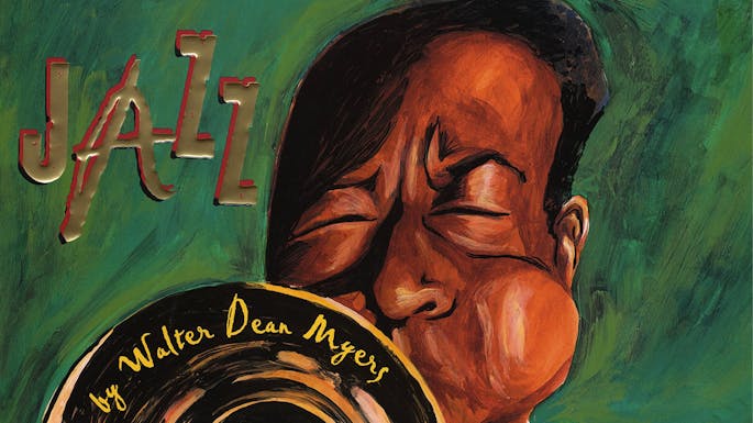 Painterly illustration of a person with their eyes closed, blowing into a trumpet