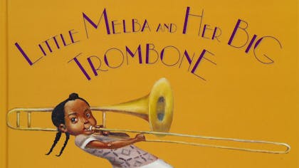 Illustration of a young girl leaning back and playing a trombone