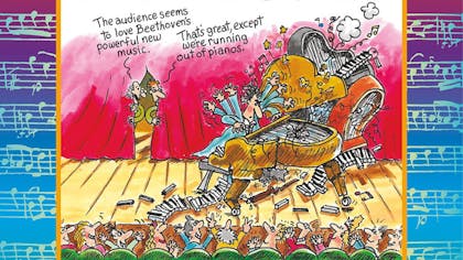 Comic illustration of man rapidly playing a destroyed piano on a concert stage