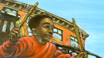 Illustration of a boy sitting on a building stoop and holding two sticks