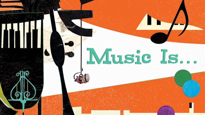 Graphic illustration of piano keys, a microphone, and a music note