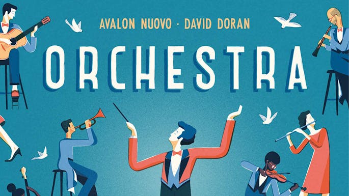 Graphic illustration of people conducting and playing a variety of instruments