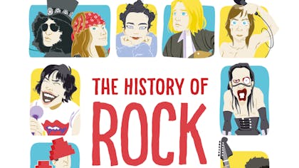 Graphic illustration of prominent rock musicians in colorful blocks: Guns N' Roses, Bjork, Kurt Cobain, Iggy Pop, Mick Jagger, Marilyn Manson, and Devo