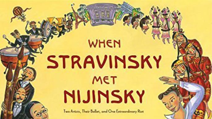 Illustration of musicians, costumed dancers, and various monuments forming a circle